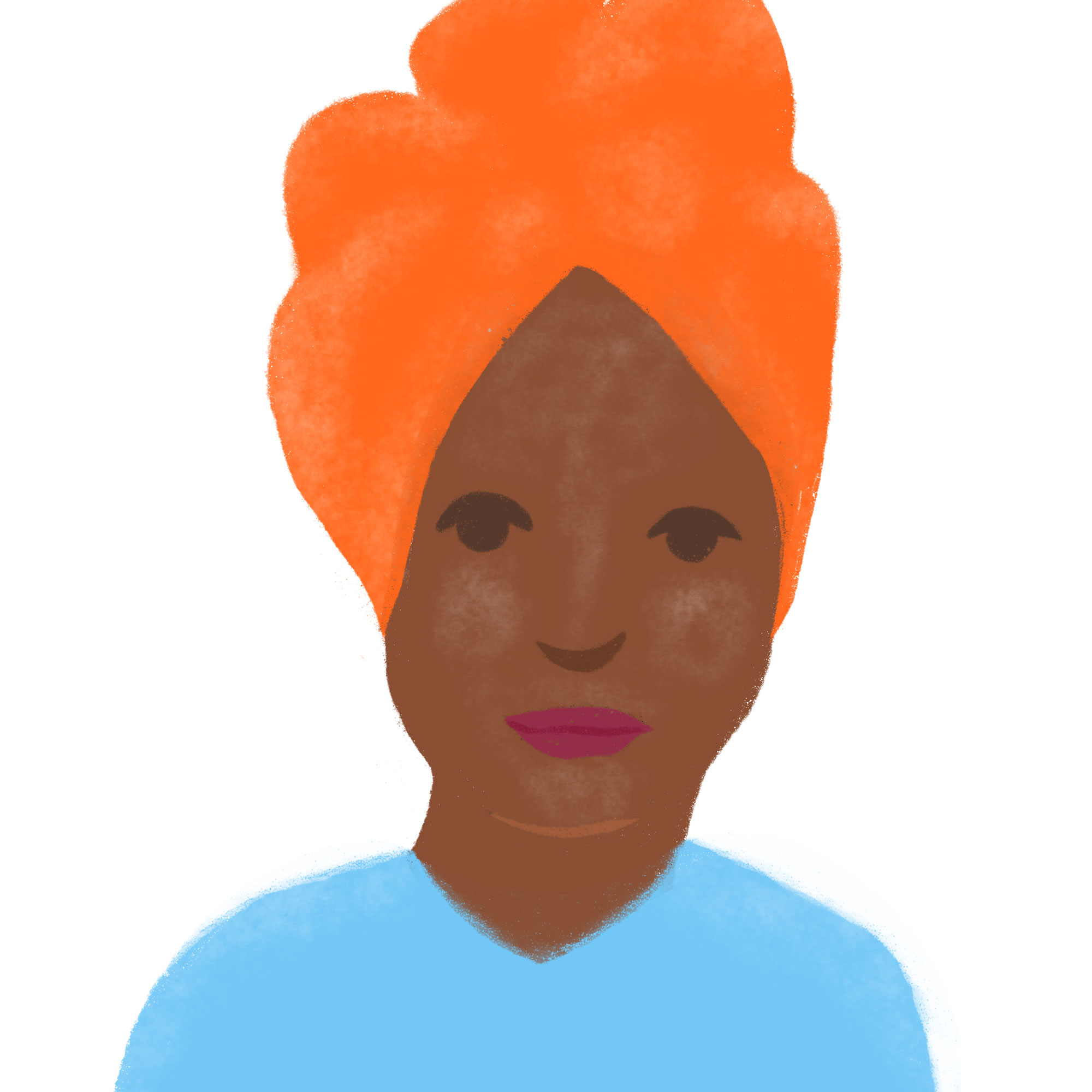 Illustration of black woman wearing an orange turban and blue shirt